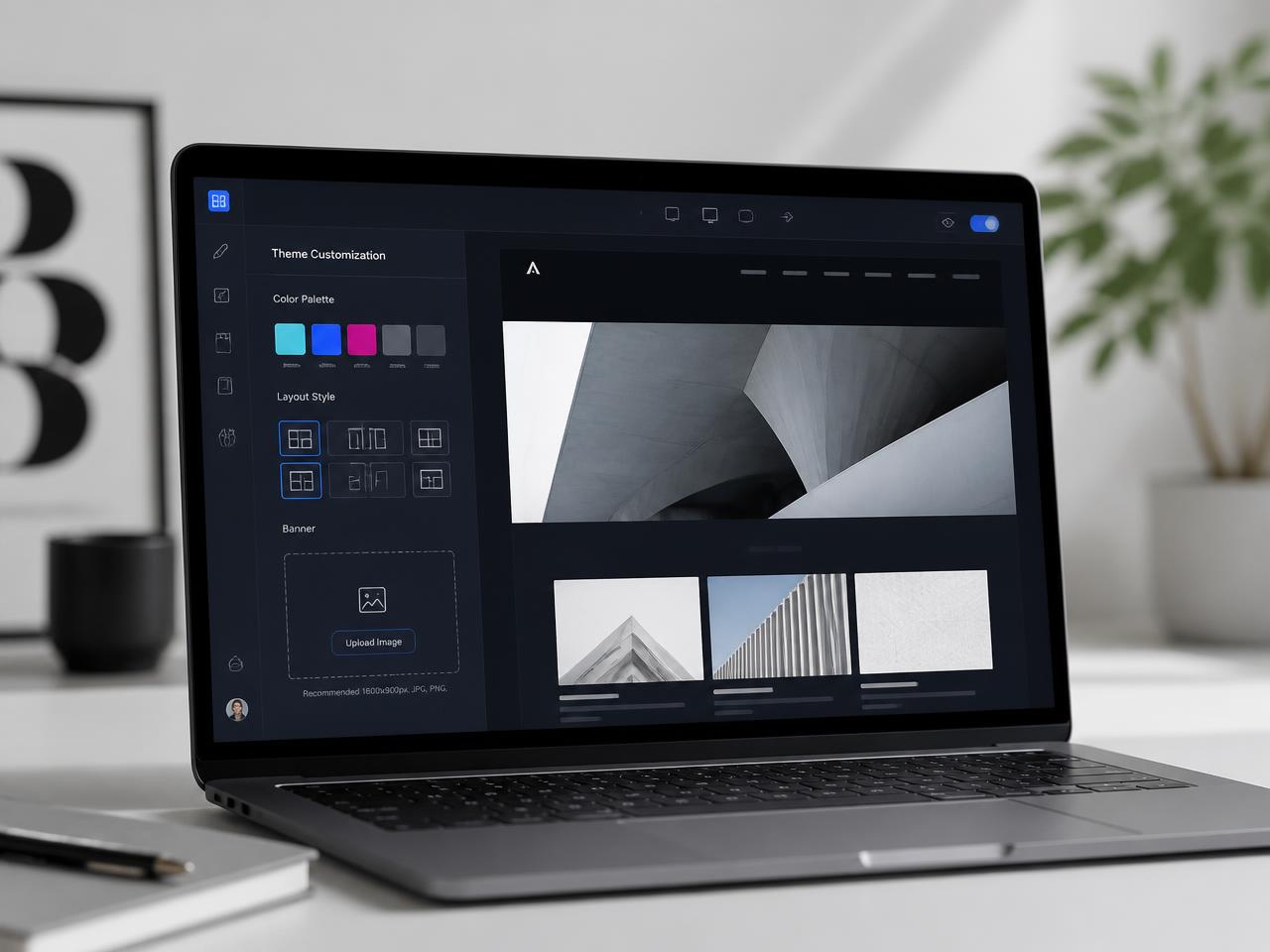 Theme panel with templates, accent colors and banner upload